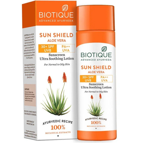 Biotique Aloe vera 30+ SPF UVA/UVB Sunscreen Ultra Soothing Face Lotion/ Биотик Алоэ Вера Солнцезащитный Лосьон 30+ SPF для Лица и Тела фото 3