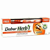 Dabur Herb'l Toothpaste Clove with Toothbrush/Дабур Зубная Паста Защита Полости Рта с Гвоздикой + Зубная Щётка Ср. Жесткости