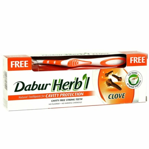 Dabur Herb'l Toothpaste Clove with Toothbrush/Дабур Зубная Паста Защита Полости Рта с Гвоздикой + Зубная Щётка Ср. Жесткости