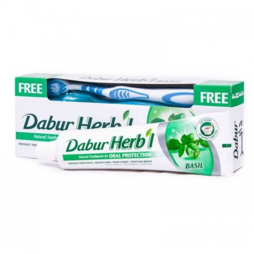 Dabur Herb'l Toothpaste Basil with Toothbrush / Дабур Зубная Паста Защита Полости Рта с Базиликом + Зубная Щётка Ср. Жесткости 150 г фото 3