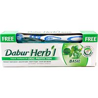 Dabur Herb'l Toothpaste Basil with Toothbrush/Дабур Зубная Паста Защита Полости Рта с Базиликом + Зубная Щётка Ср. Жесткости