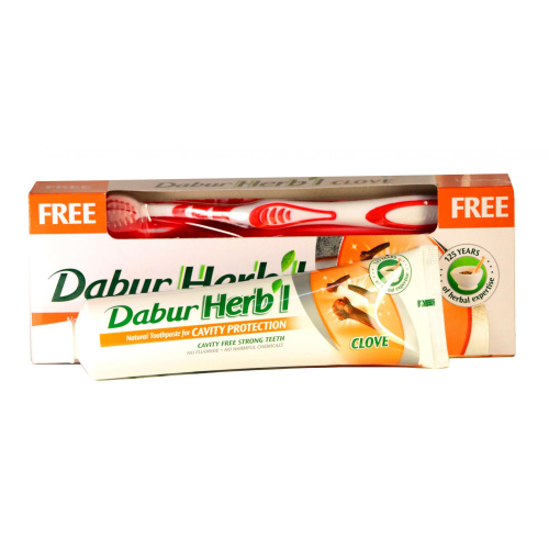 Dabur Herb'l Toothpaste Clove with Toothbrush/Дабур Зубная Паста Защита Полости Рта с Гвоздикой + Зубная Щётка Ср. Жесткости фото 3