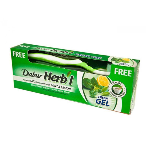 Dabur Herb'l Green Gel Toothpaste Mint & Lemon with Toothbrush/Дабур Зубной Гель-Паста Интенсивное Свежее Дыхание с Мятой и Лимоном + Зубная Щётка Ср. Жесткости